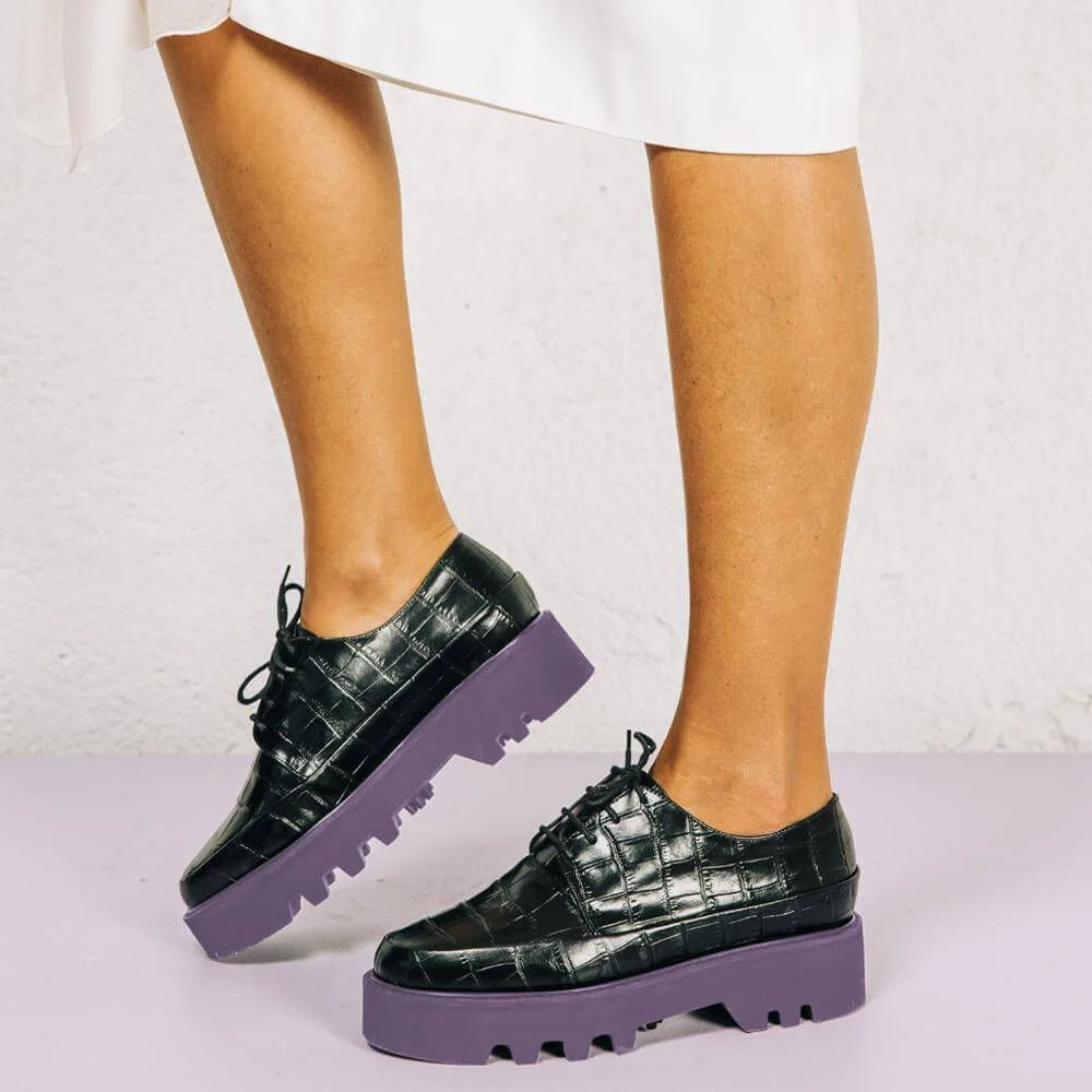 Black Round Toe Platform Snake Pattern Lace Oxford Shoes Nicepairs