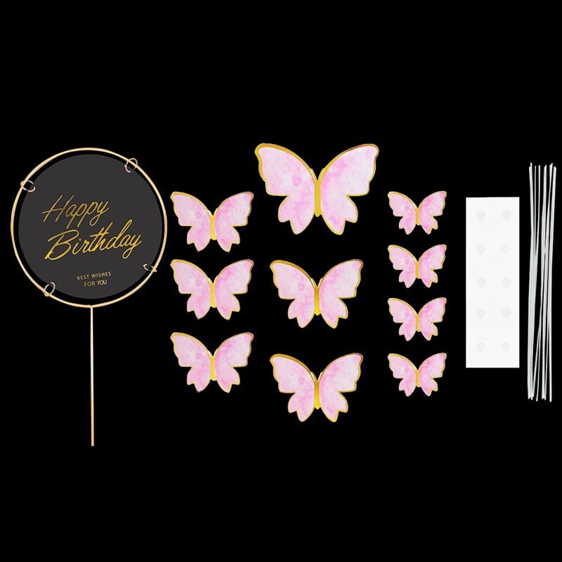 1Set Happy Birthday Cake Toppers Cake Decoration Handmade Butterfly Cupcake Topper For Wedding Birthday Party Baby Shower Baking