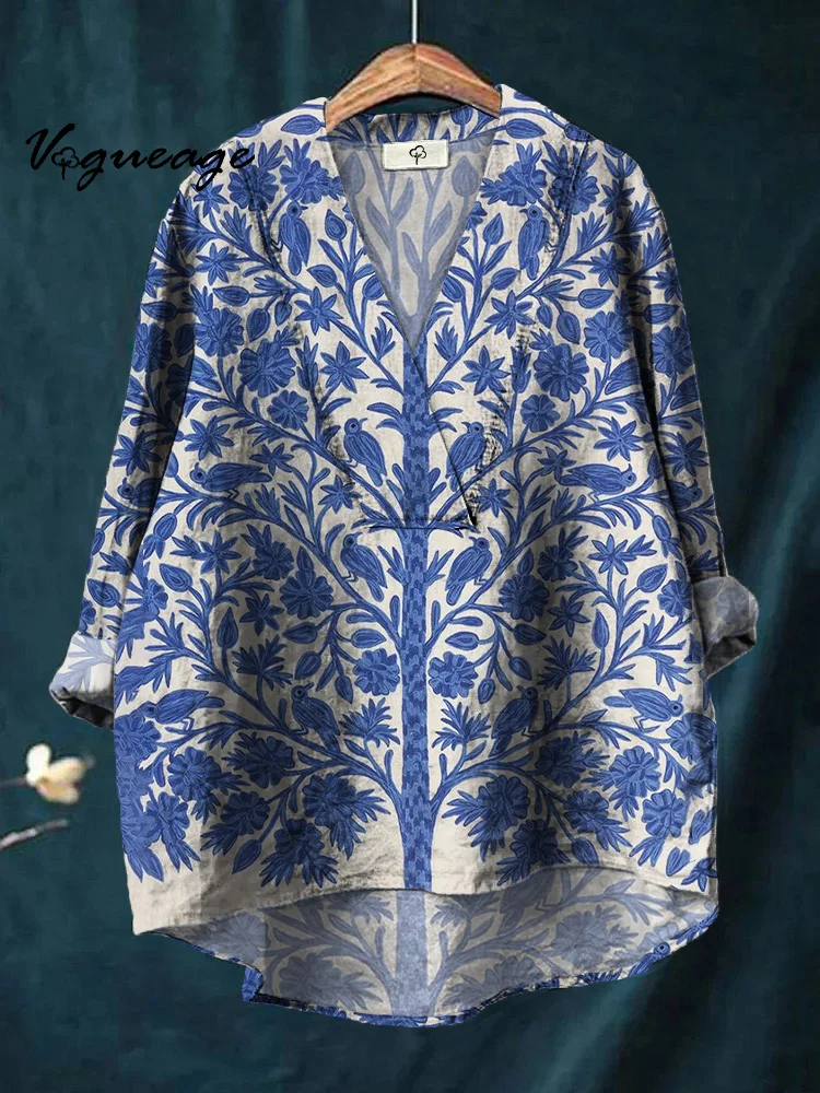 Elegant Ink Painting Of Flowers And Birds Printed Cotton And Linen Shirt