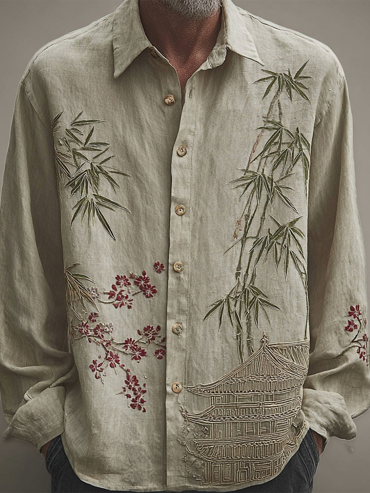 Comstylish Men's Vintage Japanese Style Bamboo Art Cozy Linen Blouse