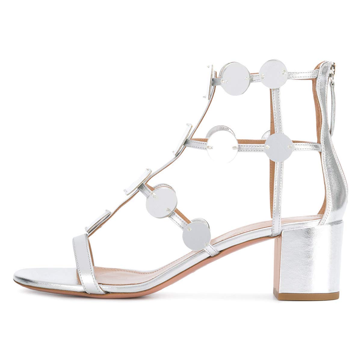 Silver Metallic Open Toe Block Heel Gladiator Sandals with Zipper Nicepairs