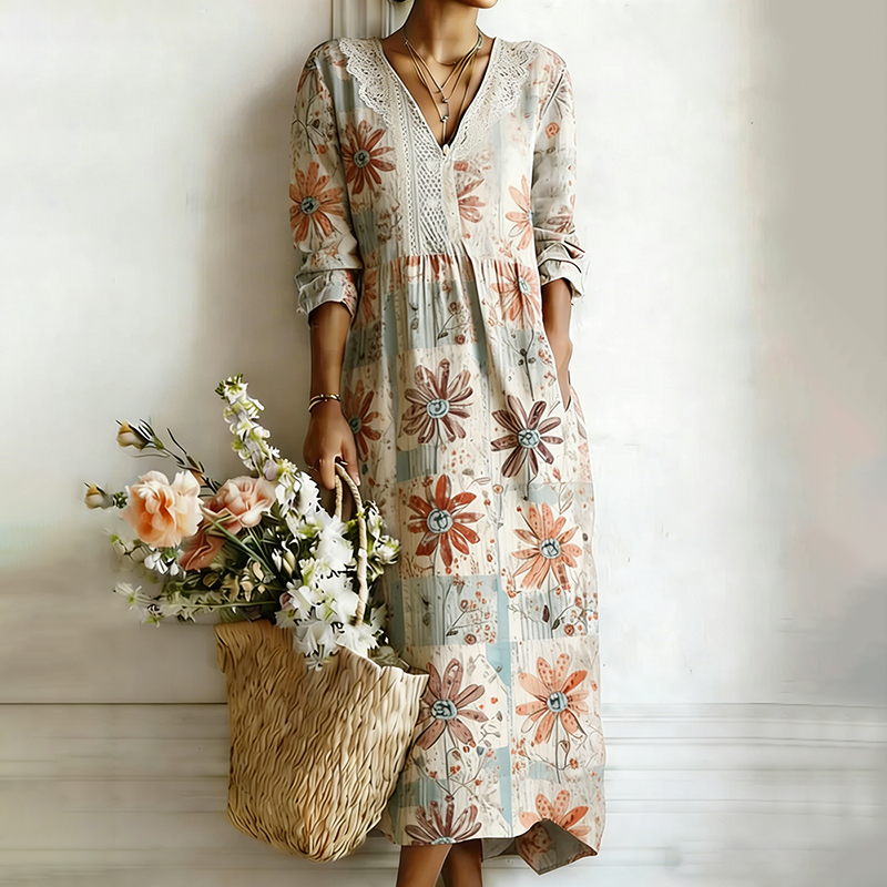 Women's Bohemian Vintage Floral Art Print Flowy Linen Blend Casual Dress elevenforest