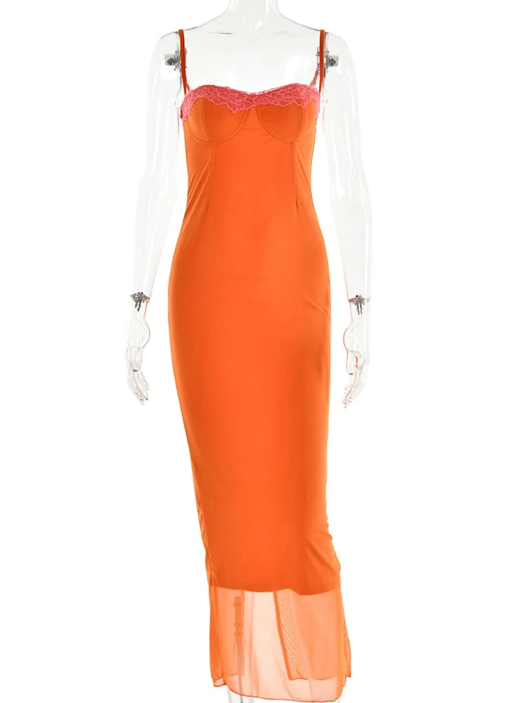 Toloer Orange Mesh Lace Patchwork Cami Maxi Dress-Outfit Ideas