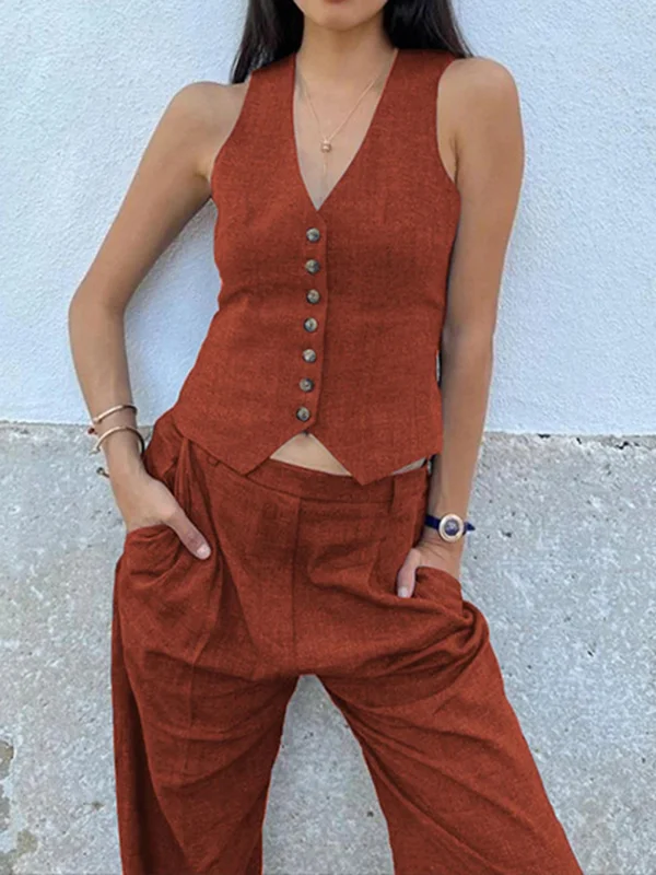 Elegant Sleeveless Deep V-Neck Vest and Pleated Pants Two-Piece Set