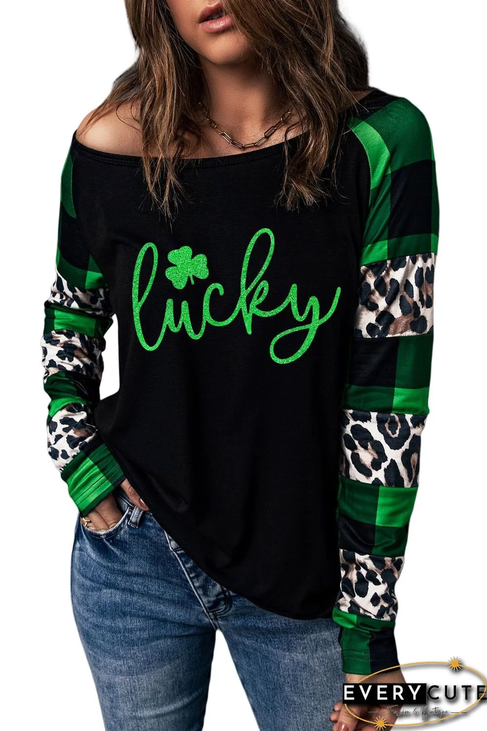 Green Lucky Clover Glitter Pattern Leopard Plaid Splicing Top