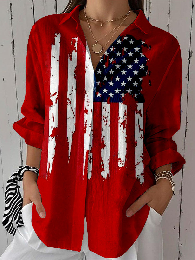 Women 3/4 Sleeve Shirt Collar National Flag Star Printed Graphic Button Tops