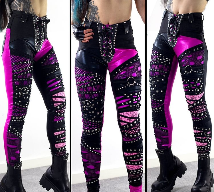 SUPER HIGH WAIST PINK/BLACK RIVET SKINNIES