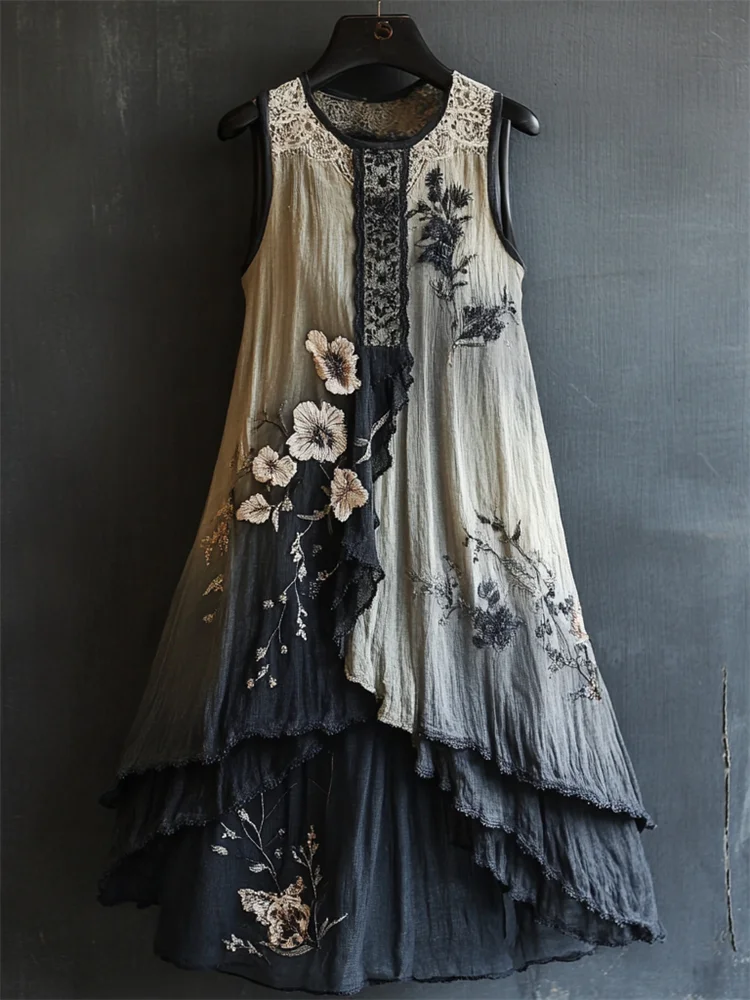 Classy Floral Embroidered Lace Ink Dyed Linen Dress