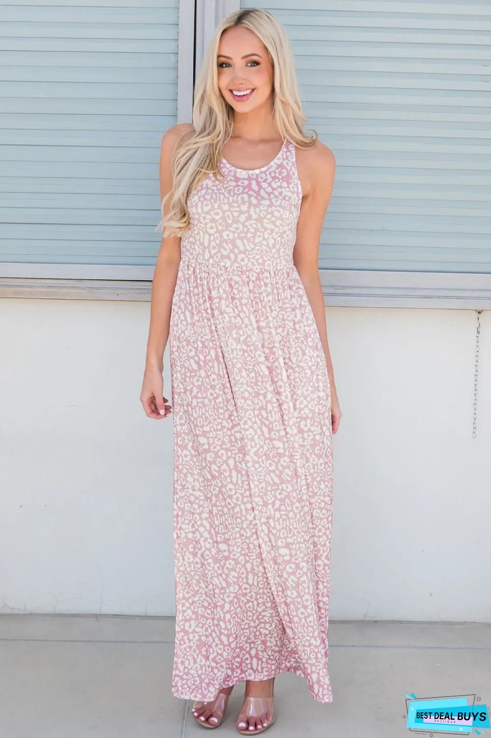 Leopard Round Neck Sleeveless Maxi Dress