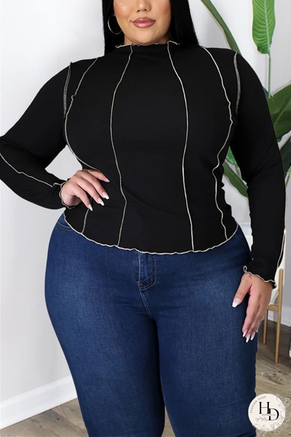 Black Fashion Casual Solid Split Joint O Neck Plus Size Tops