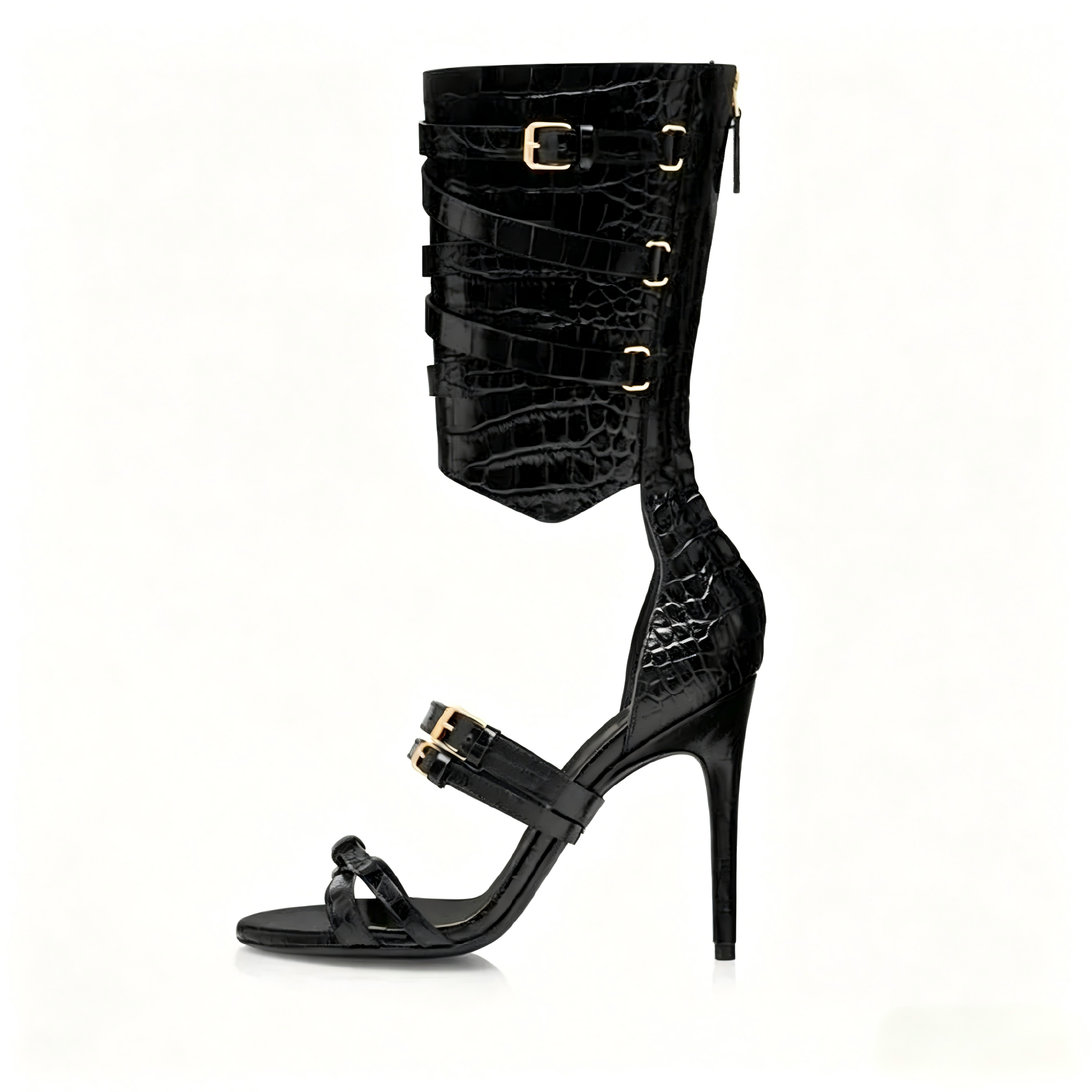 Stamped Crocodile Gladiator Sandals For Female Cross Ankle Strap Romen High Heels Long Sandals Woman Party Sexy Buckle Shoes  highheelher