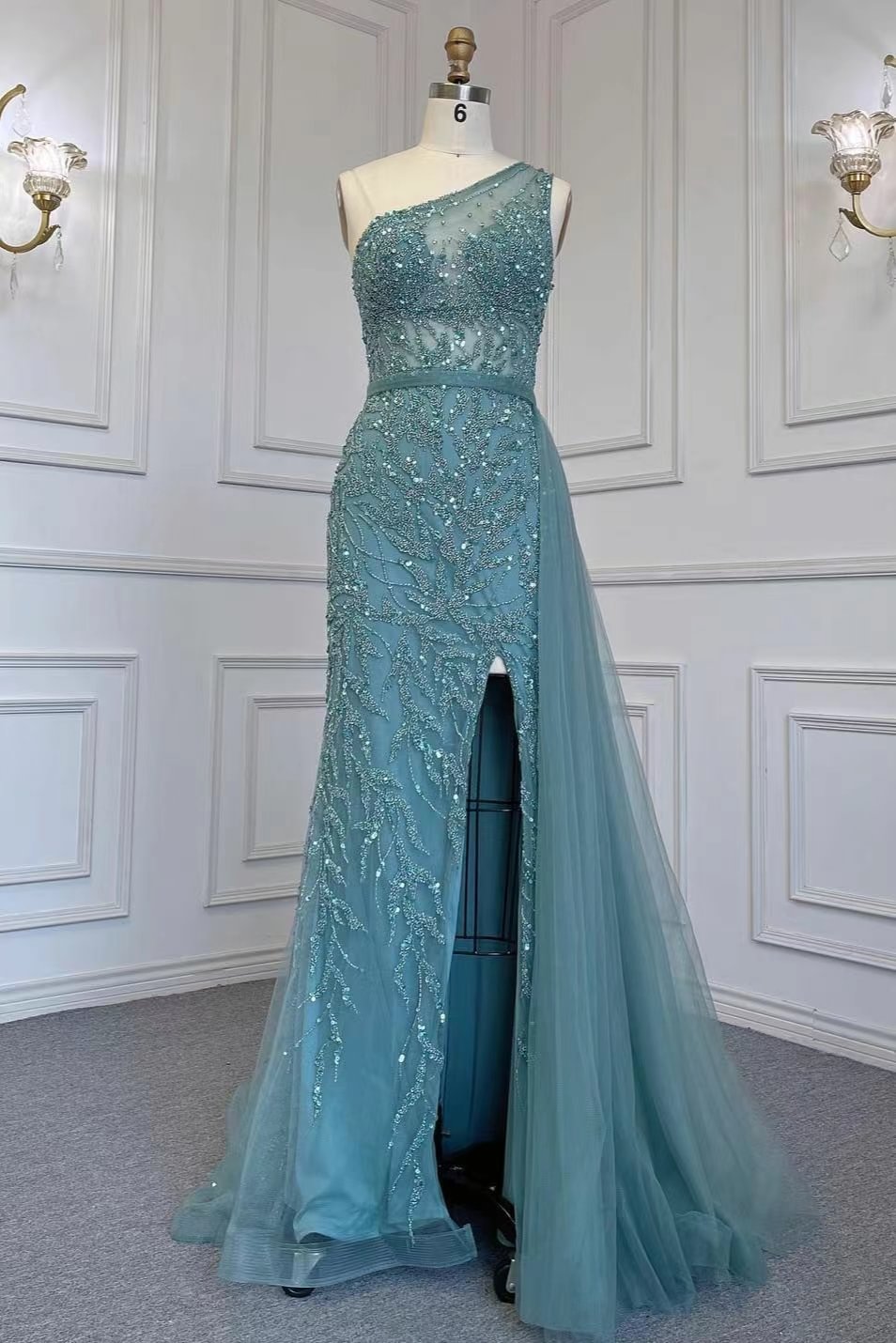 Elegant One Shoulder Beadings Tulle Evening Dress With Slit Rhinstone ED0392