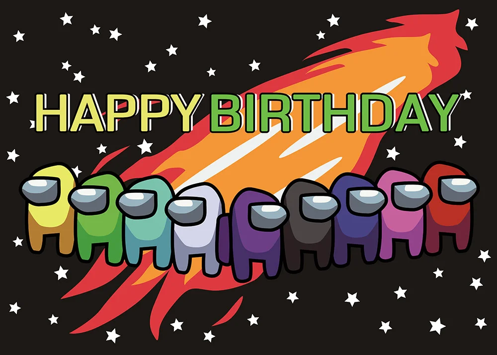 Cartoon Space Crew Adventure Video Game Theme Happy Birthday Party Backdrop RedBirdParty