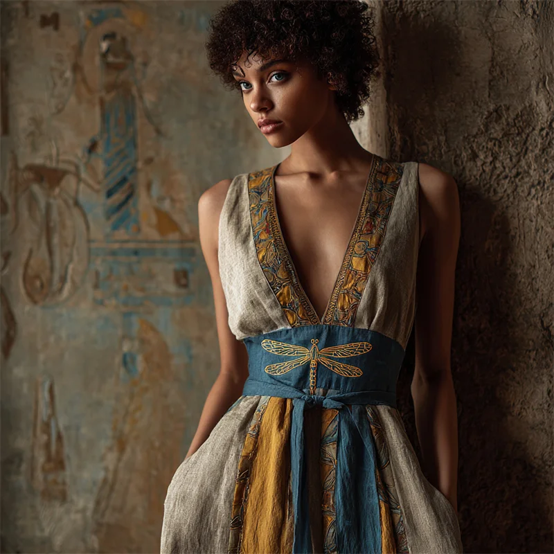 Dragonfly Ancient Egyptian Embroidered Tied Linen Maxi Dress