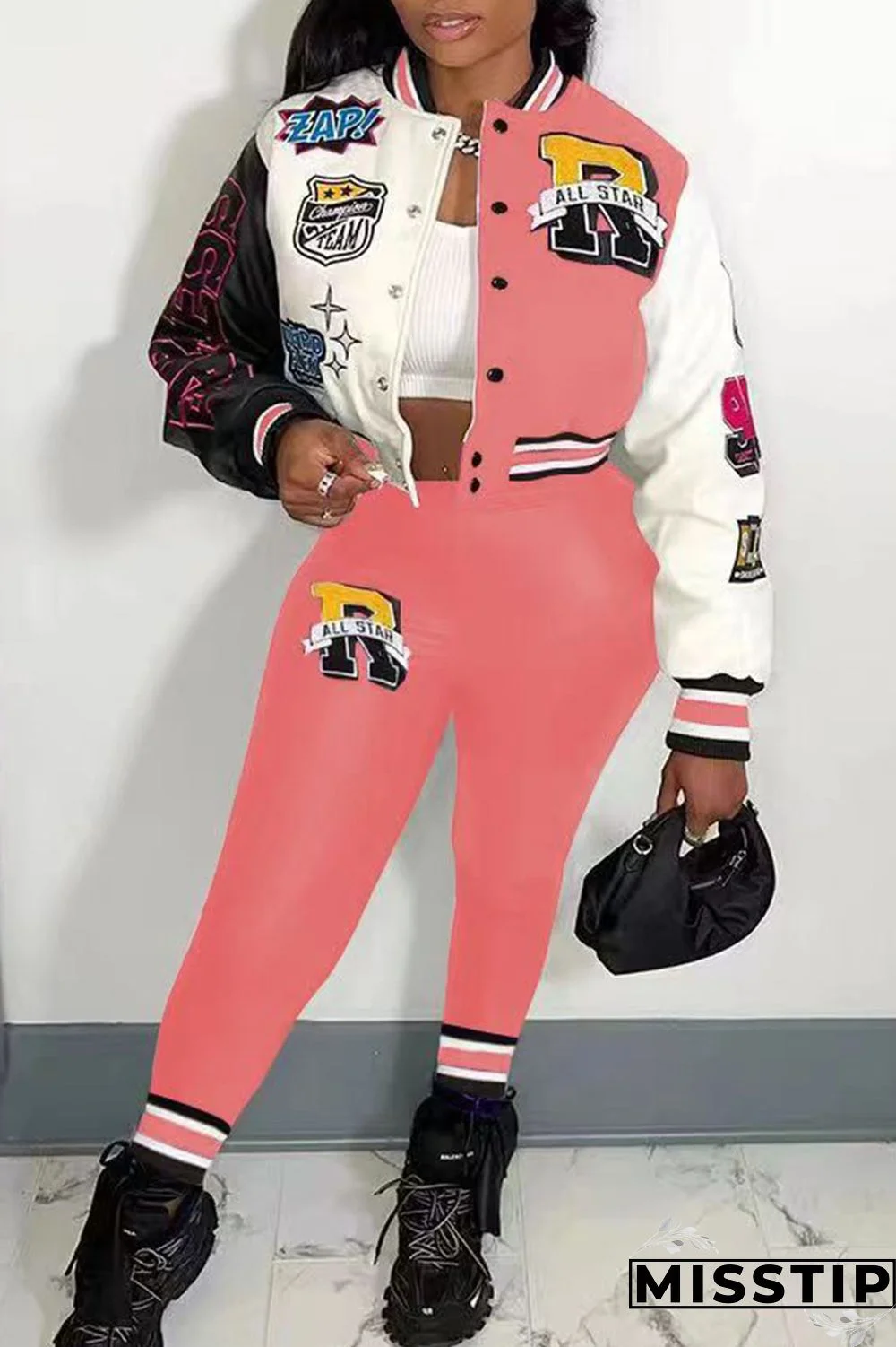 Green Casual Letter Print Patchwork Cardigan O Neck Long Sleeve Two Pieces