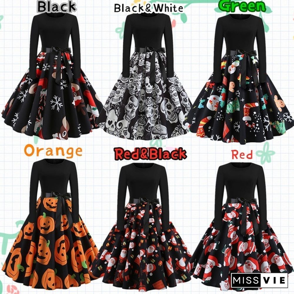 Fashion Women Christmas Swing Party Dress Printing Long sleeve Festival prom belt evening