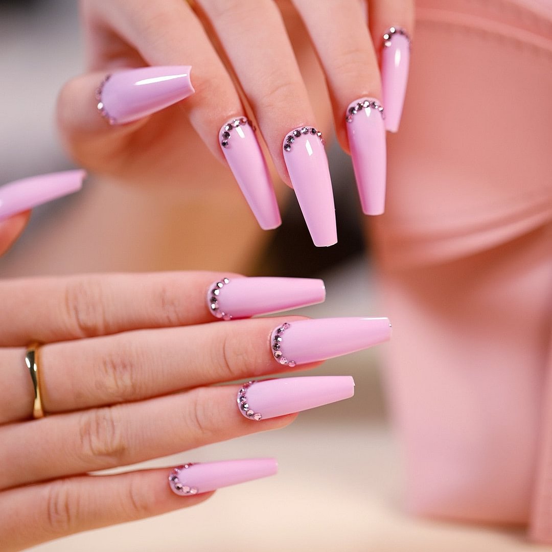 24pcs Long Ballet Pink Rhinestones Fake Nails Full cover Fake Nails Glue DIY Manicure Nail Art Tools