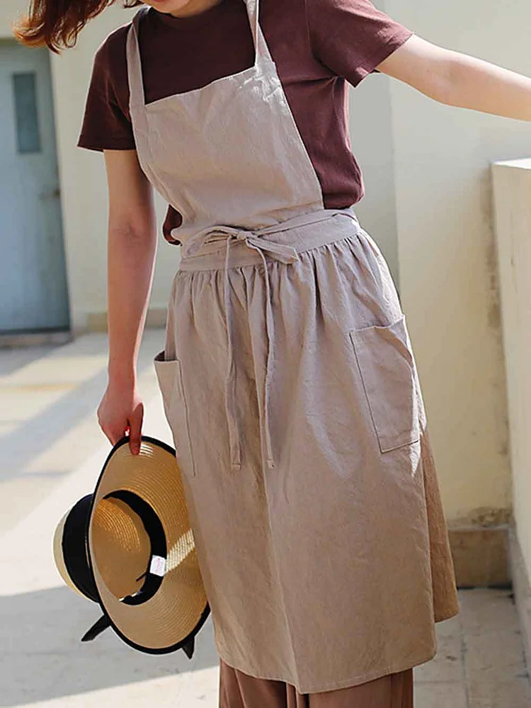 Women's cotton linen pocket apron-Mayoulove