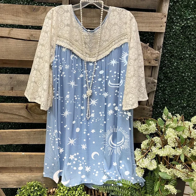 Galaxy Print Lace Stitching Ladies Casual Short Sleeves-Mayoulove