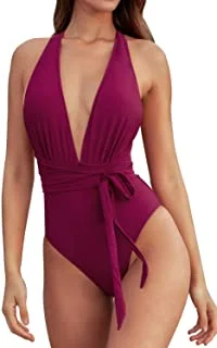 Women¡¯s One Piece Swimsuit Sexy Deep V Neck Solid Red Bathing Suit