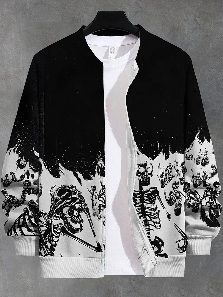 Men's Halloween Skeleton Contrast Color Print Casual Zip Up Jacket