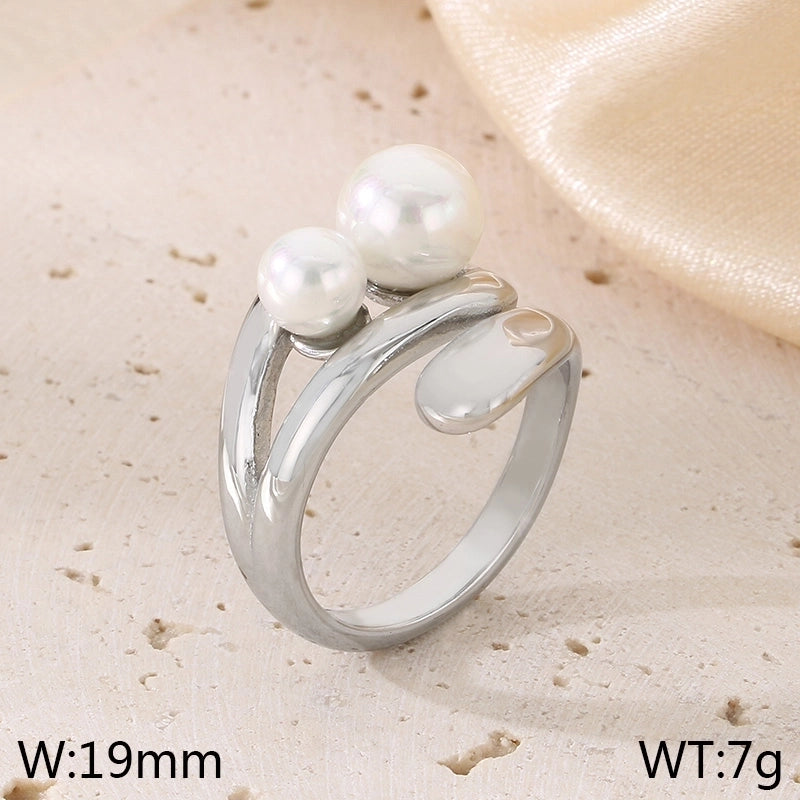 Minimalist Solid Color 304 Stainless Steel Pearl 18K Gold Plated Plating Inlay Rings