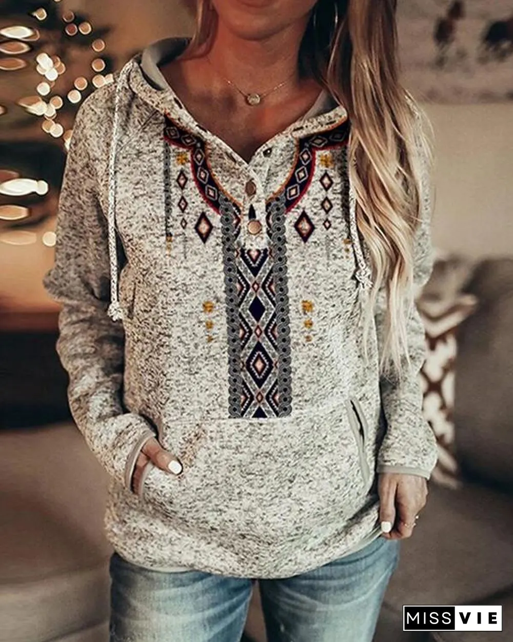 Women's Vintage Print Casual Pocket Fleece Hoodie & Sweatshirt