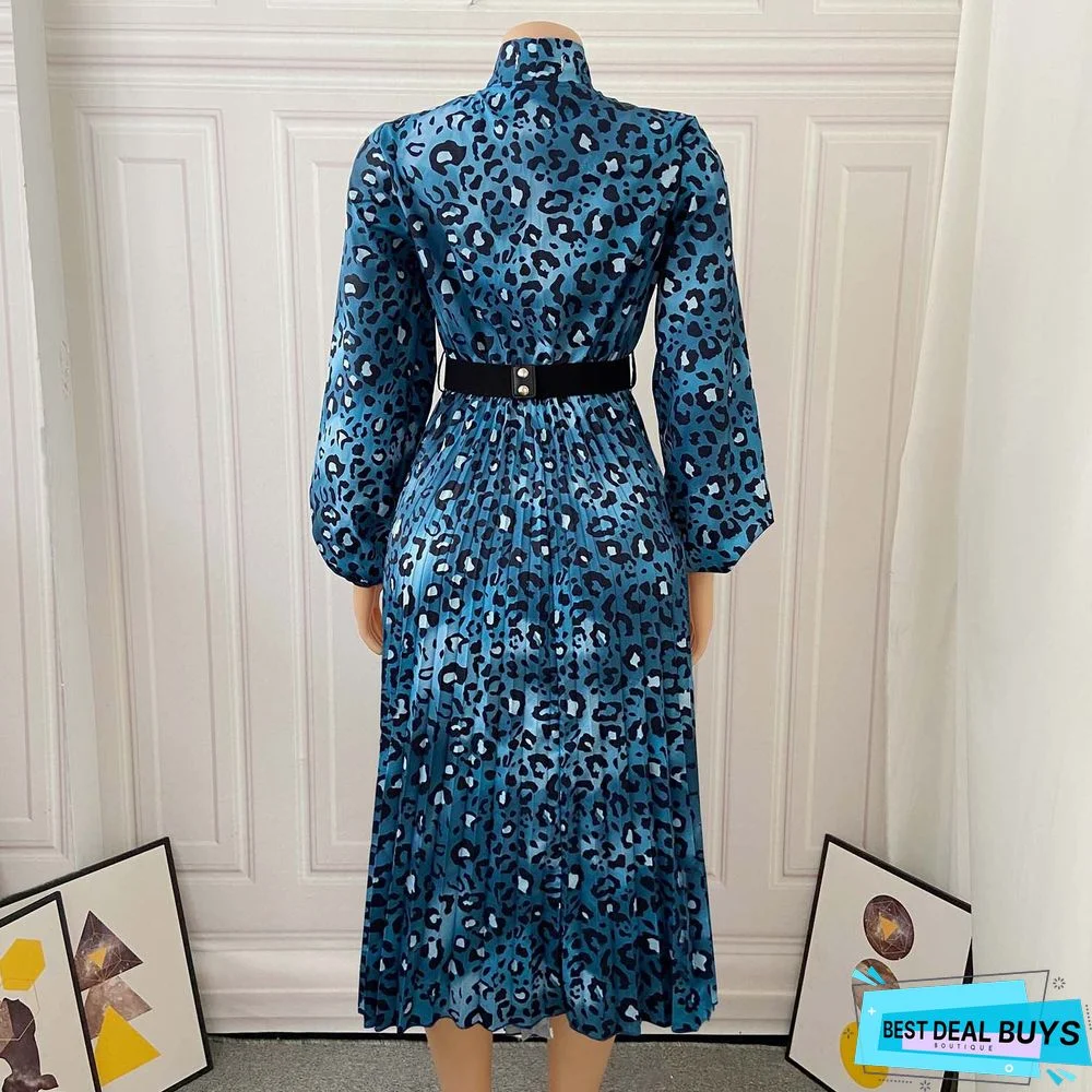 Long Sleeve Printed V-Neck Pleated Dress