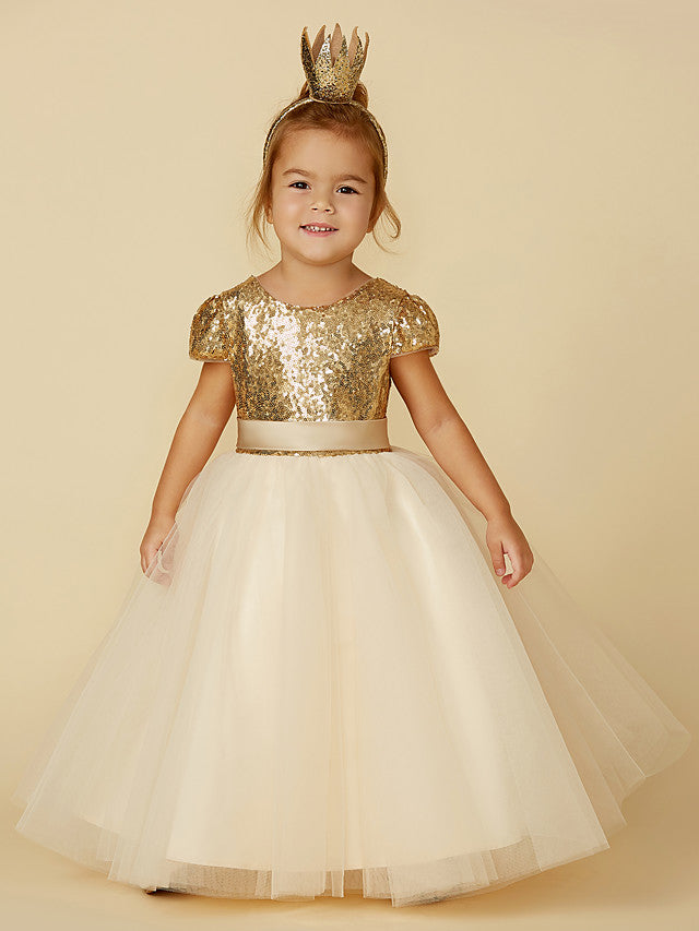Oknass Princess Short Sleeve Jewel Neck  Flower Girl Dresses Tulle Sequined With Sash  Ribbon  Sequin