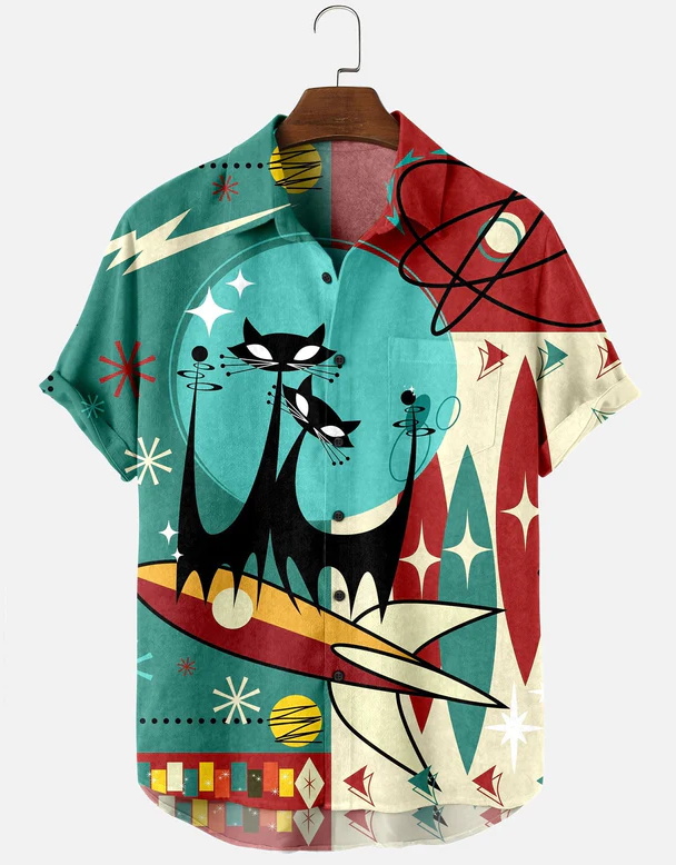 Men's Cat Carrier Rocket Creative Print Short-Sleeved Shirt at Hiphopee