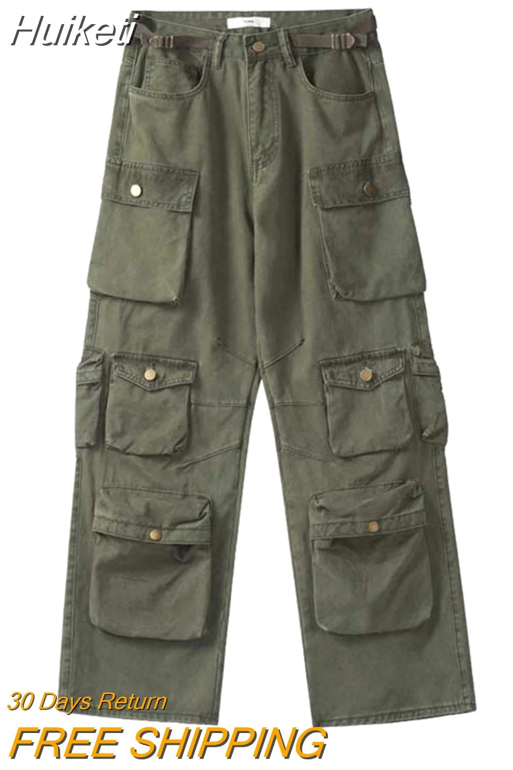 Huiketi Vintage Multi-Pocket Work Pants Men Y2K Street Hip Hop Loose Straight Wide Leg Pants Heavy Duty Fashion Trendy Trousers