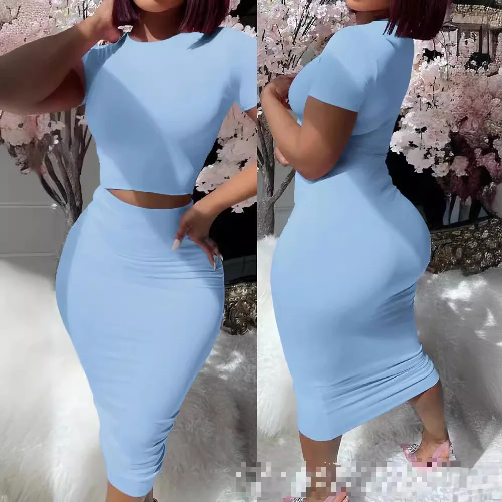 Wongn Wongn Round Neck Short Sleeve Show Waist Sexy T-Shirt Wrapped Buttock Skirt Set