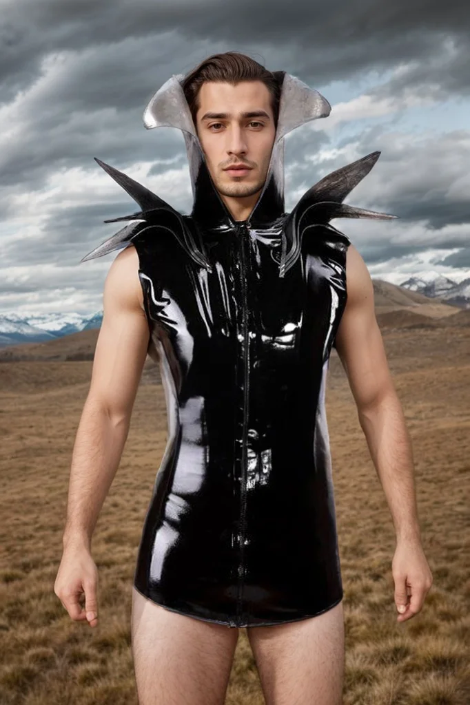 Men Latex Jacket Spikey High Collar Front Zip Sleeveless