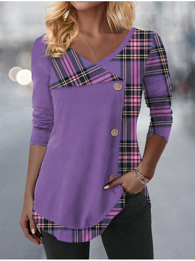Women's T shirt Tee Pink Blue Purple Plaid Button Print Long Sleeve Daily Weekend Fashion V Neck Regular Fit Painting Spring &  Fall