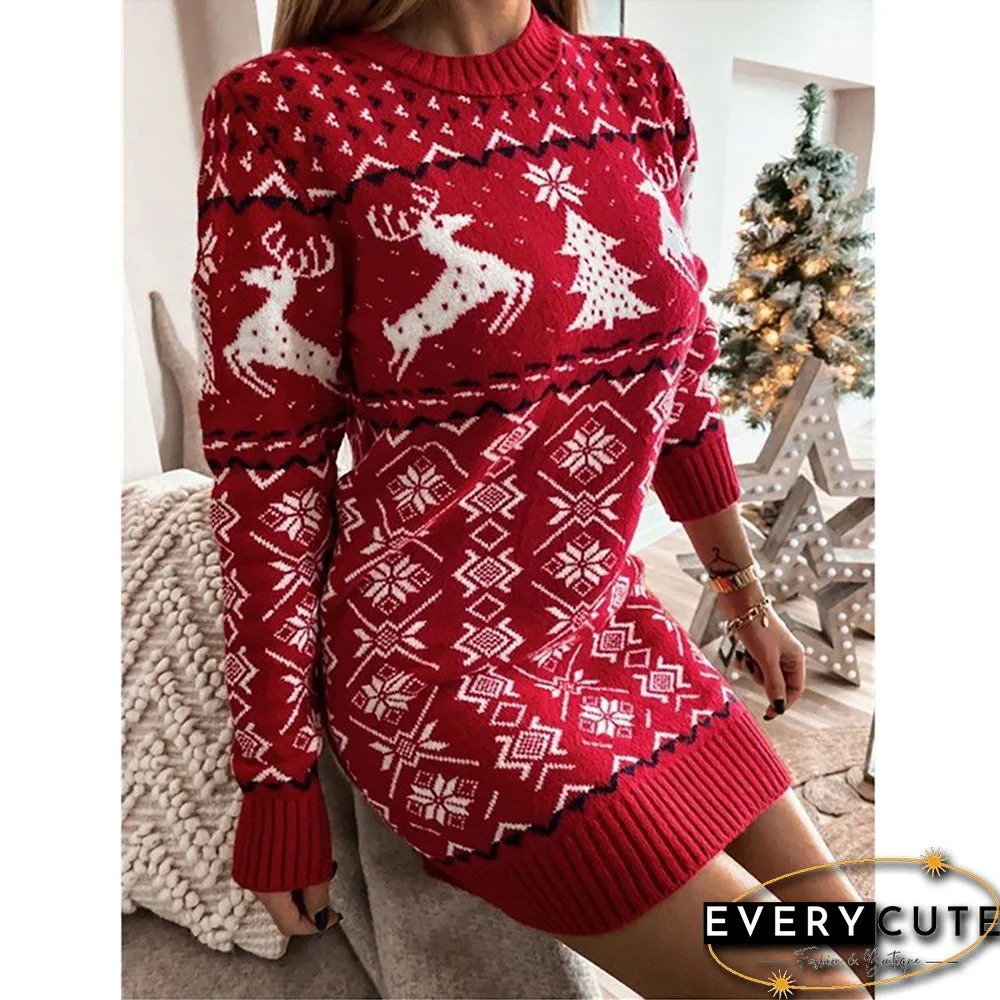Red Christmas Print Slim Fit Sweater Dress