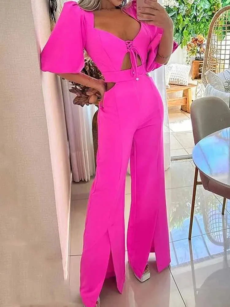 Huiketi Summer Jumpsuits Women Holiday Casual Half Sleeves Bodysuit Print One Piece Outfits Wide Leg Pink Trousers Loose Long Pants