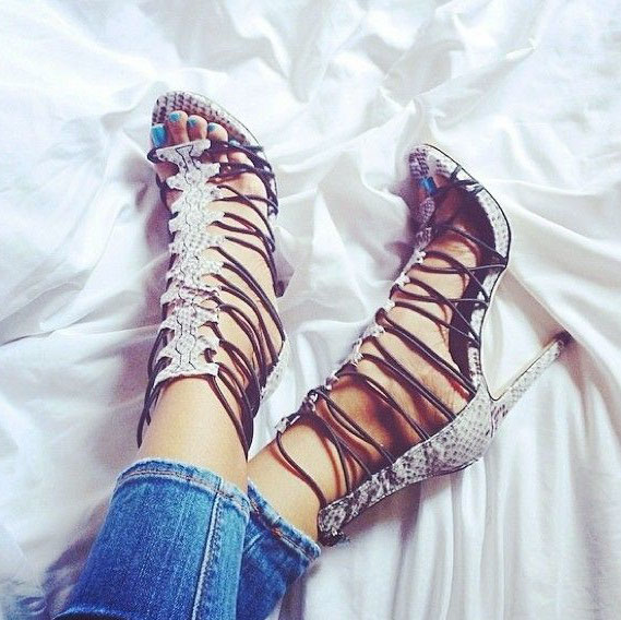 Light Gray Open Toe Stiletto Heel Gladiator Sandals Nicepairs