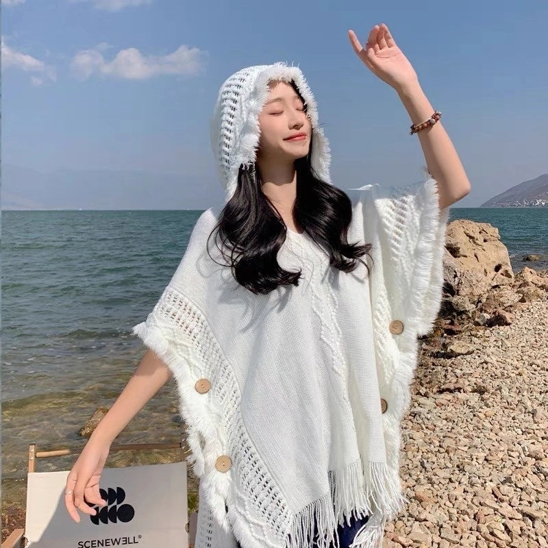 Yunnan Lijiang Travel Outside Knitted Shawl Ethnic Style Vintage Cape Cloak Tassel Scarf For Vacation Wear