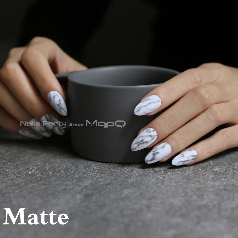 Marble matte Natural texture stiletto nails white medium fake nails glossy False nails point Tip high quality 24pcs full sets-Nail Inspo