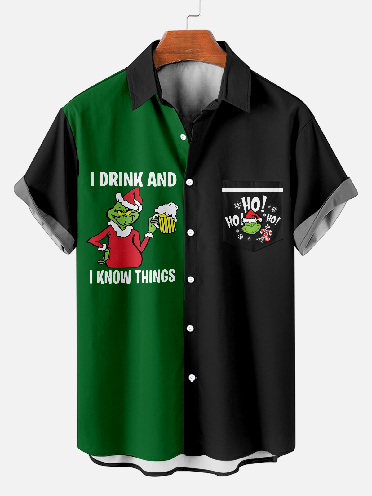 Men's Classic Christmas Character and Beer Print Shirt PLUSCLOTHESMAN