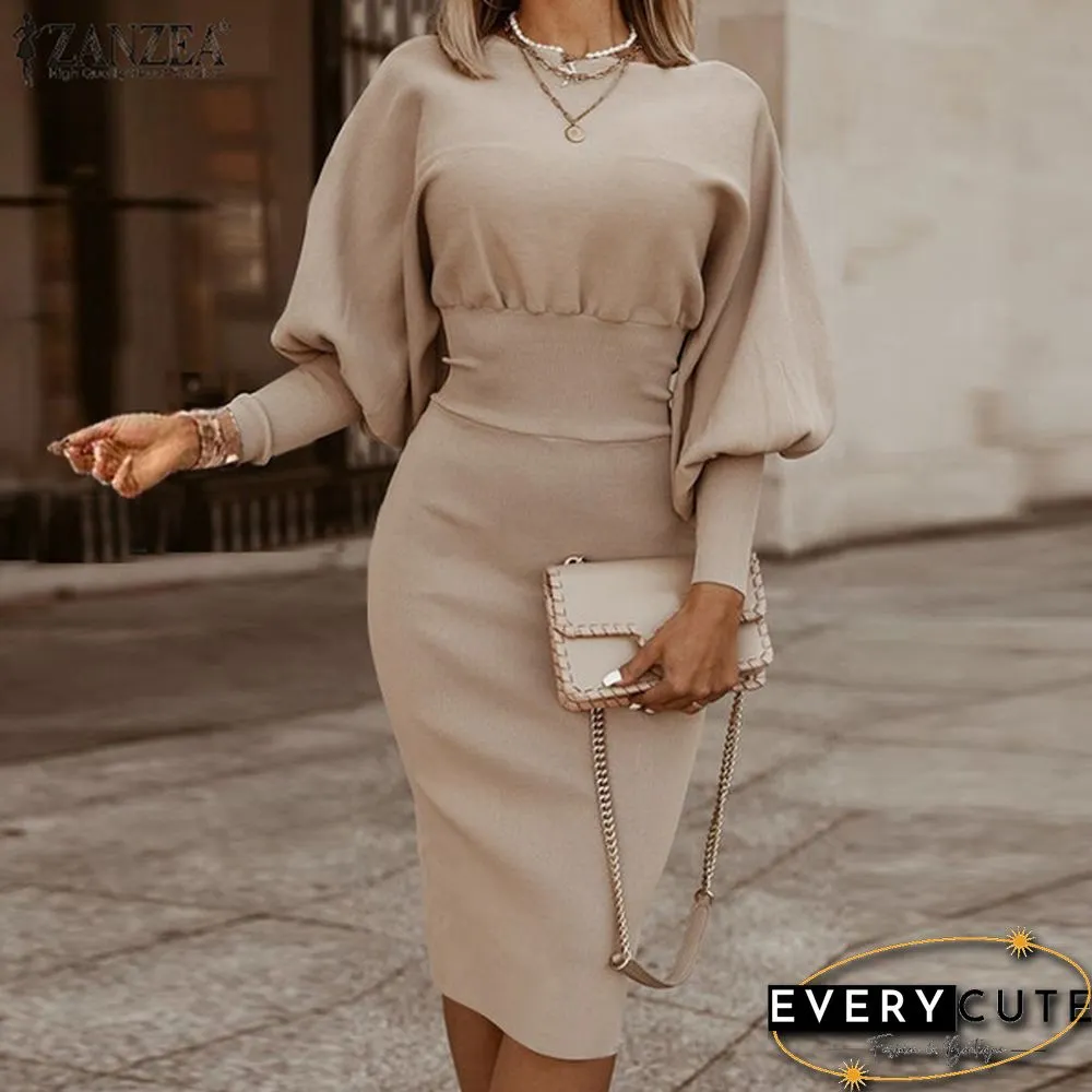 Women Fashion Elegant Sundress Crew Neck Solid Full Sleeve Party Club Slim Midi Dresses