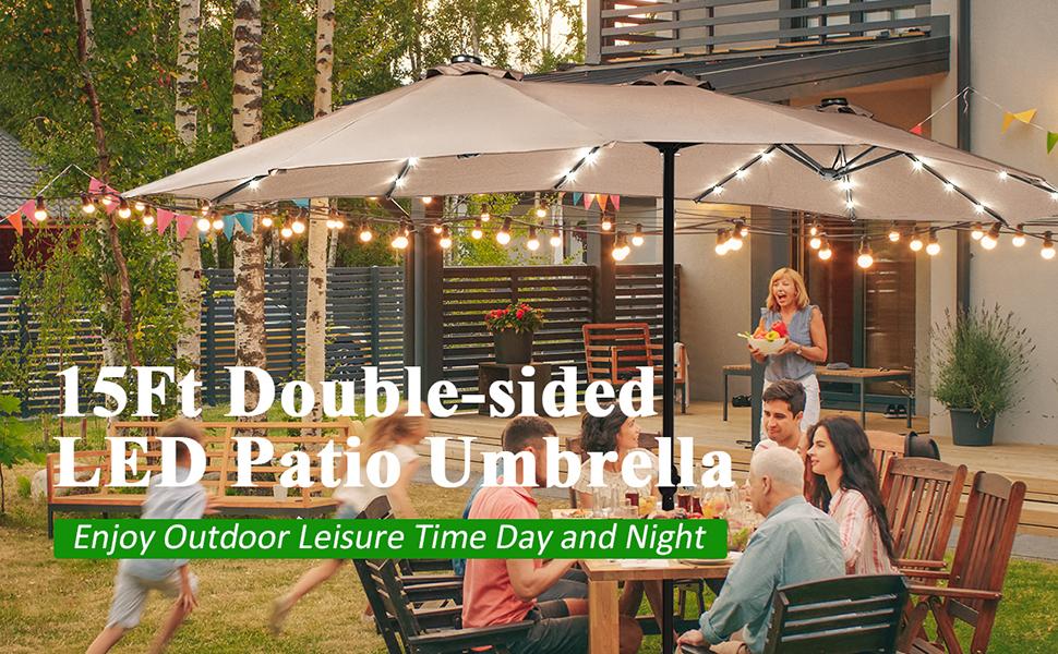 [Mother's Day Gift] COSTWAY 15/13Ft Solar Patio Umbrella with Base, Extra Large Outdoor Double-Sided Twin Umbrella with 36 LED Lights & Crank Handle for Garden, Deck, Poolside, Patio