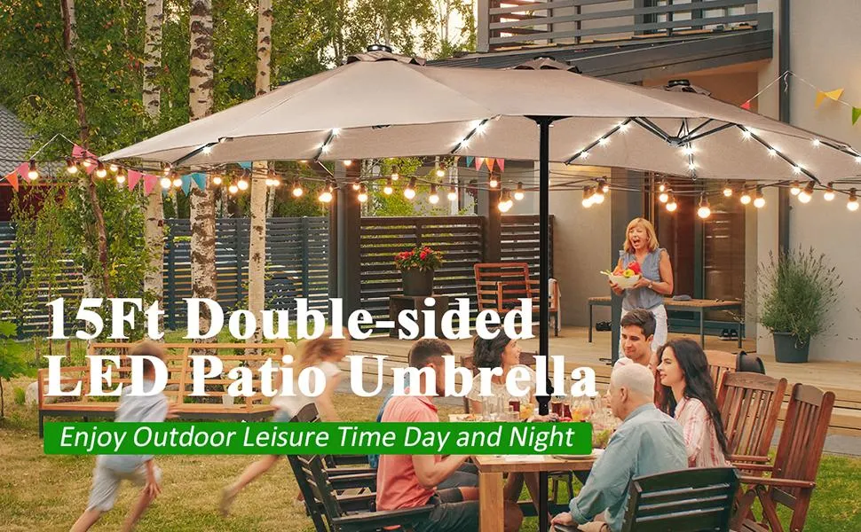 【Solar Led Lights】COSTWAY 13/15ft Large Patio Umbrella, Extra Large Outdoor Double-Sided Twin Umbrella with Base & 36 LED Lights & Crank Handle for Garden, Deck, Poolside, Patio, 4th of july decor, dad gift 【Solar Led Lights】COSTWAY 13/15ft Large Patio Umbrella, Extra Large Outdoor Double-Sided Twin Umbrella with Base & 36 LED Lights & Crank Handle for Garden, Deck, Poolside, Patio, 4th of july decor, dad gift