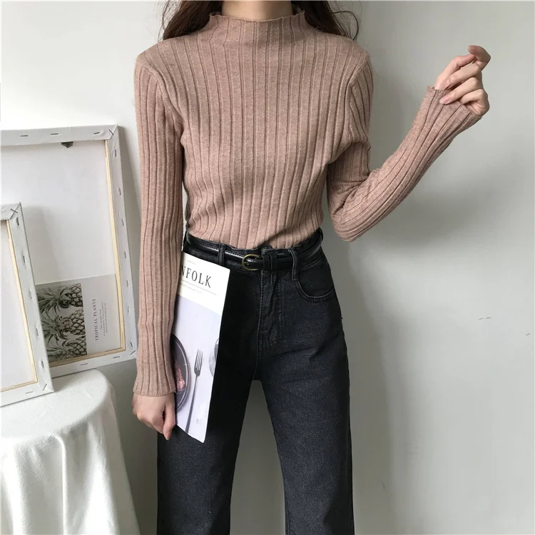 Uveng Uveng Winter Half-High Sweater Women Long Sleeve Pure Color Spring And Autumn Pit Stripe Loose Knitted Bottom Shirt