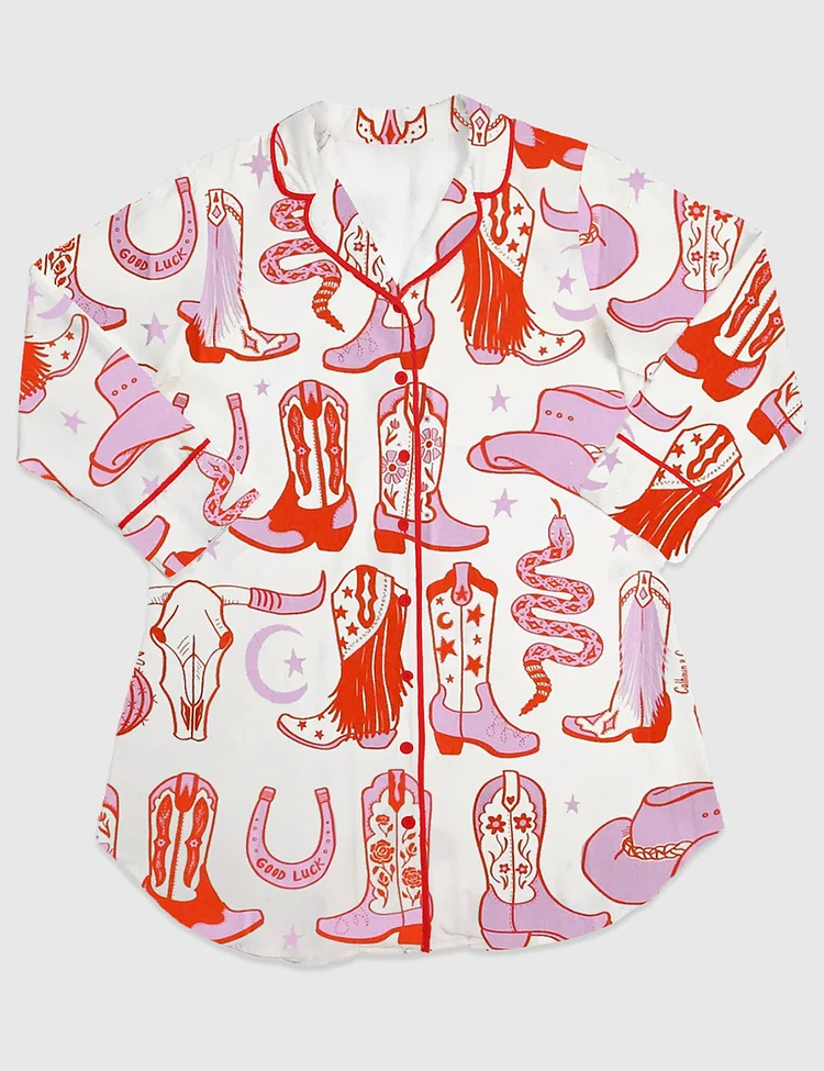 Women's Howdy Cowgirl Western Long Sleeve Satin Sleep Shirt