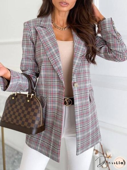 Women's Blazers Long Sleeve Slim Single-Button Plaid Print Blazers