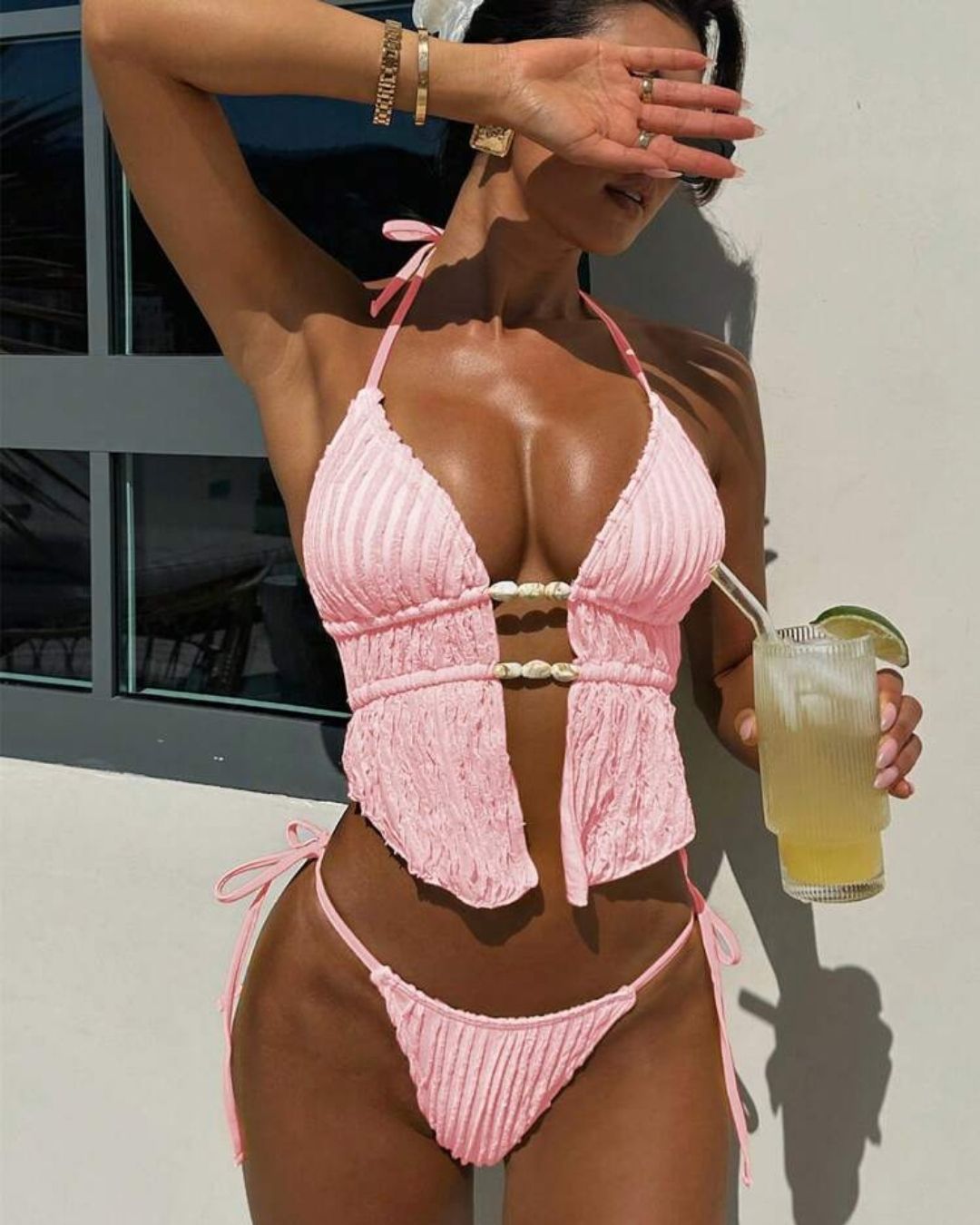 Girly Jacquard Halter 2 Piece Bikini Set