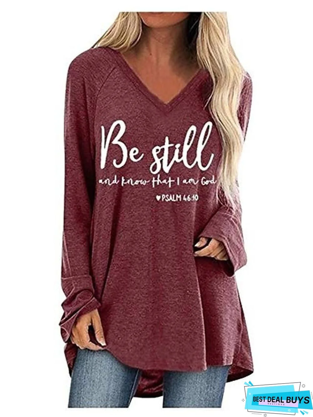 Women's Plus Size T-Shirt Letter Long Sleeve V Neck Tops Loose Cotton Basic Top Black Wine Camel