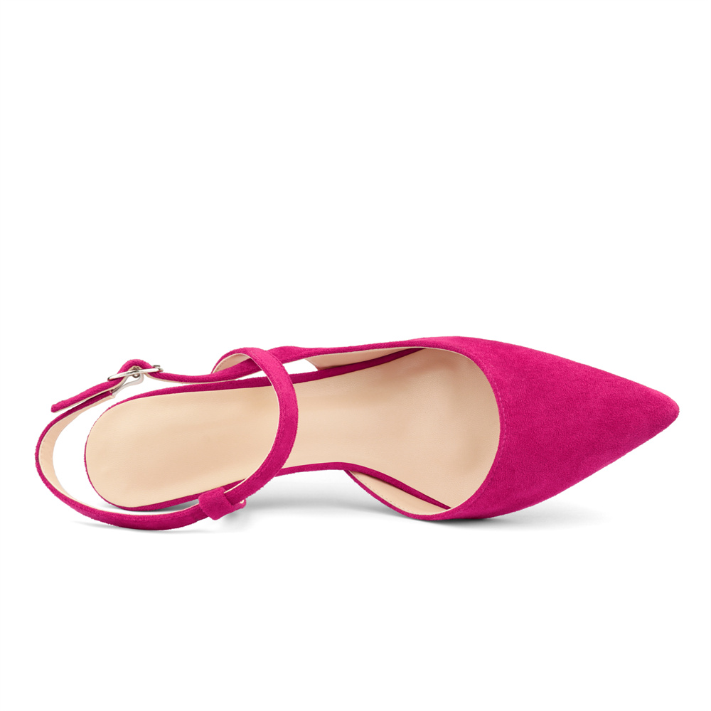 65mm Women Slingback Pumps Ankle Strap Red Bottom Stiletto Mid Heel Close Pointed Toe Daily Summer Suede Sandals-MERUMOTE