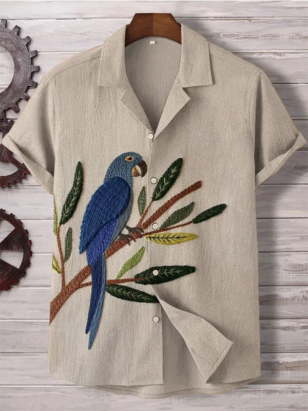 Men's Parrot On The Branch Embroidery Art Print Short Sleeve Shirt